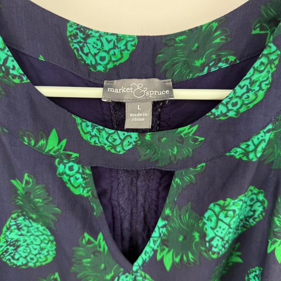 Market‎ & Spruce Tank Top Womens L Pineapple Print Sleeveless Keyhole Navy Green - Picture 3 of 7